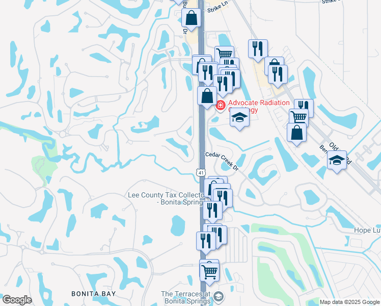 map of restaurants, bars, coffee shops, grocery stores, and more near 3442 Pointe Creek Court in Bonita Springs
