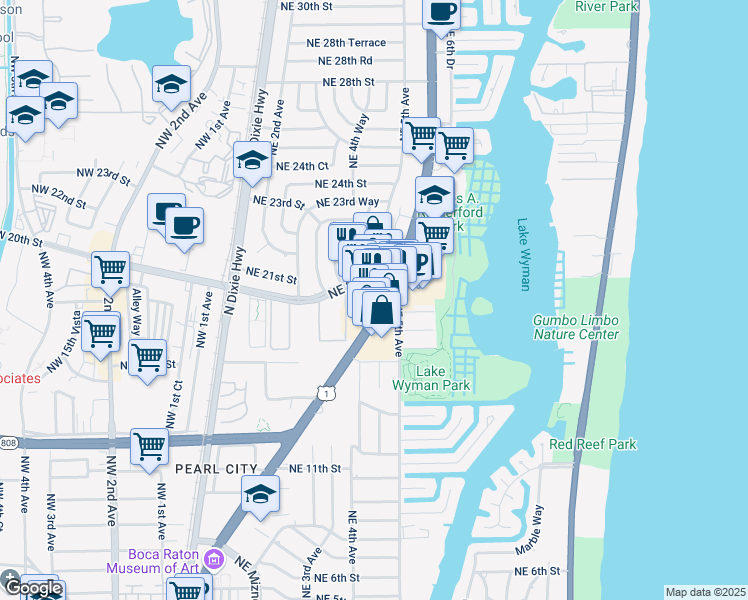 map of restaurants, bars, coffee shops, grocery stores, and more near 1920 North Federal Highway in Boca Raton