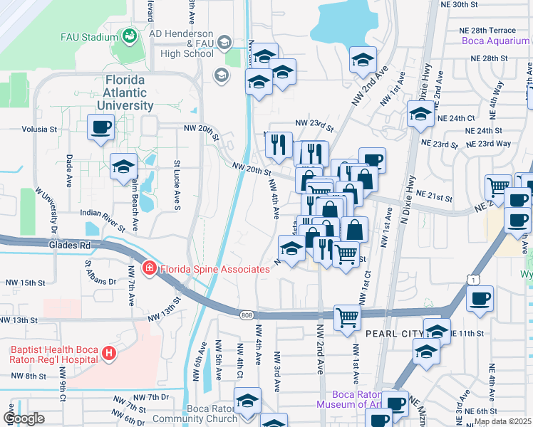 map of restaurants, bars, coffee shops, grocery stores, and more near 470 Northwest 20th Street in Boca Raton