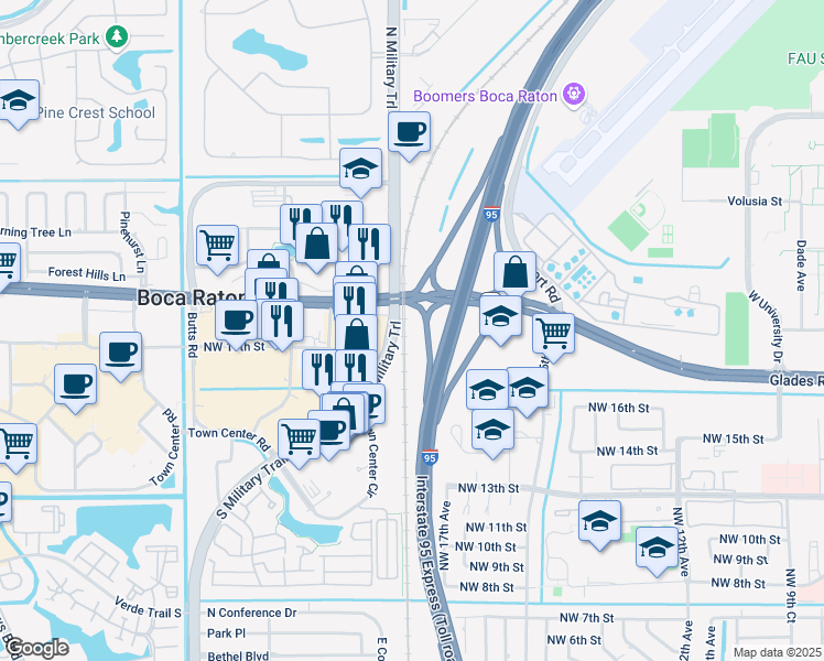 map of restaurants, bars, coffee shops, grocery stores, and more near 1900 North Military Trail in Boca Raton