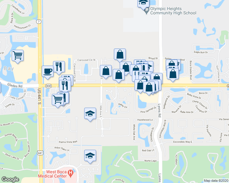 map of restaurants, bars, coffee shops, grocery stores, and more near 20820 Boca Ridge Drive North in Boca Raton