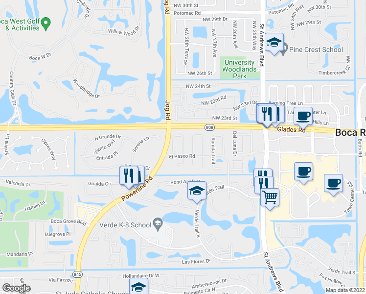 map of restaurants, bars, coffee shops, grocery stores, and more near Soneto Drive in Boca Raton