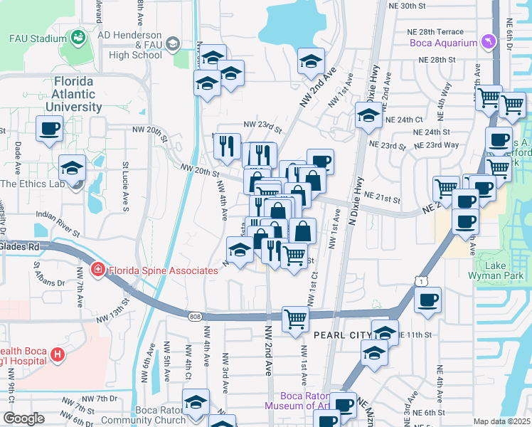 map of restaurants, bars, coffee shops, grocery stores, and more near 1901 Northwest 2nd Avenue in Boca Raton