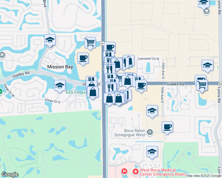 map of restaurants, bars, coffee shops, grocery stores, and more near 9982 Glades Road in Boca Raton