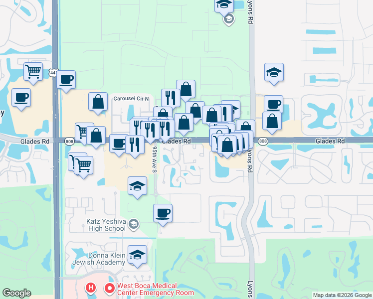 map of restaurants, bars, coffee shops, grocery stores, and more near 20820 Boca Ridge Drive North in Boca Raton