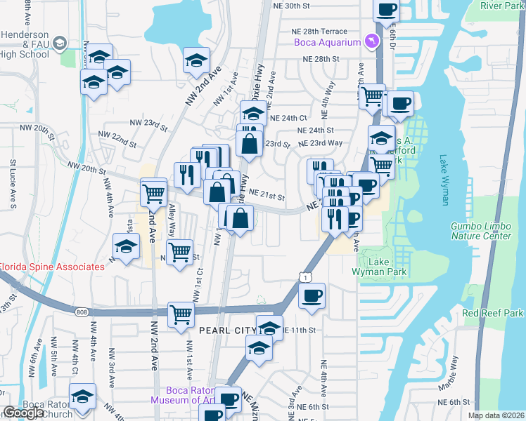 map of restaurants, bars, coffee shops, grocery stores, and more near 200 Northeast 20th Street in Boca Raton