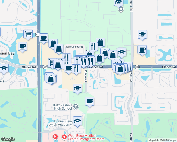 map of restaurants, bars, coffee shops, grocery stores, and more near 20787 Boca Ridge Drive North in Boca Raton