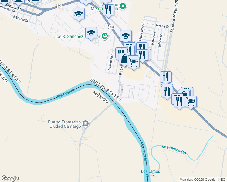 map of restaurants, bars, coffee shops, grocery stores, and more near 400 Bridge Avenue in Rio Grande City