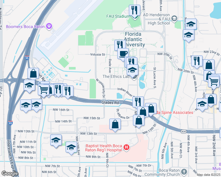 map of restaurants, bars, coffee shops, grocery stores, and more near 921 Indian River Street in Boca Raton