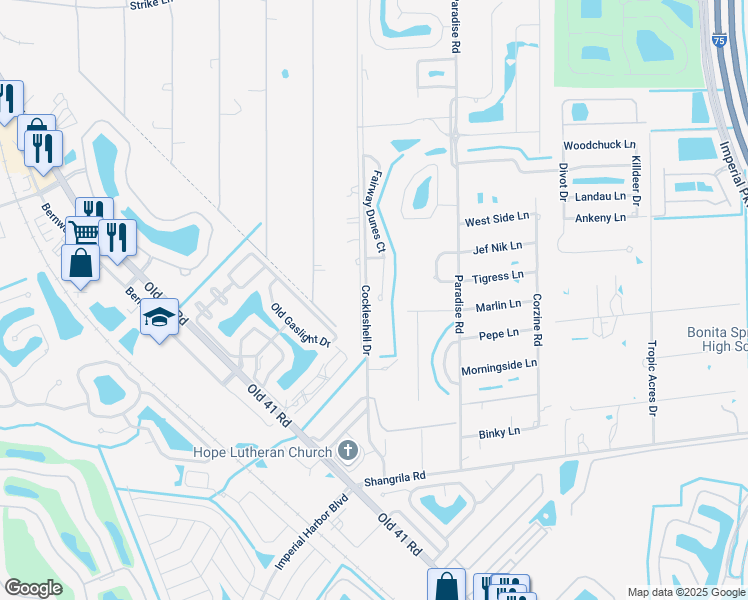 map of restaurants, bars, coffee shops, grocery stores, and more near 25590 Fairway Dunes Court in Bonita Springs
