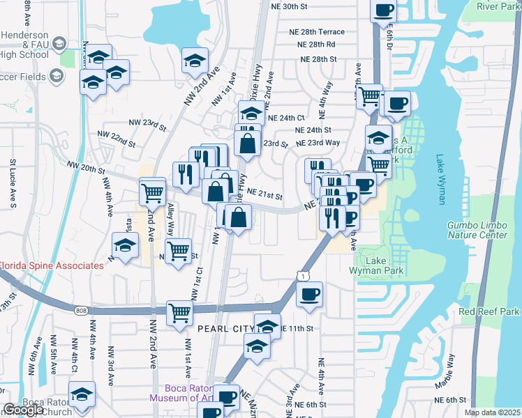 map of restaurants, bars, coffee shops, grocery stores, and more near 200 Northeast 20th Street in Boca Raton