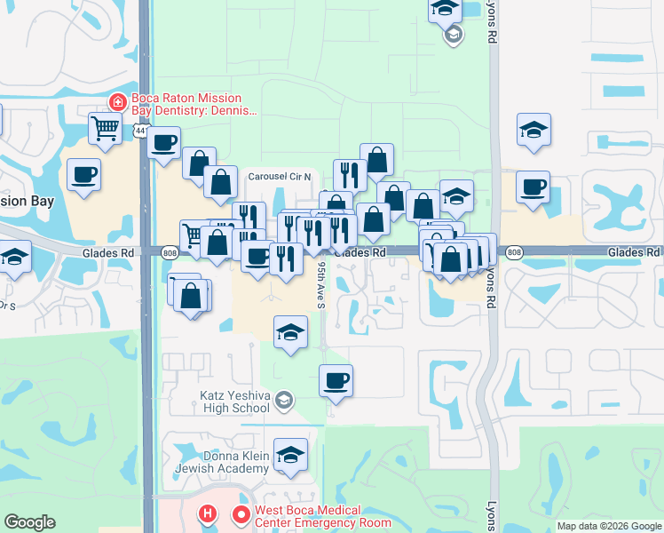 map of restaurants, bars, coffee shops, grocery stores, and more near 20787 Boca Ridge Drive North in Boca Raton