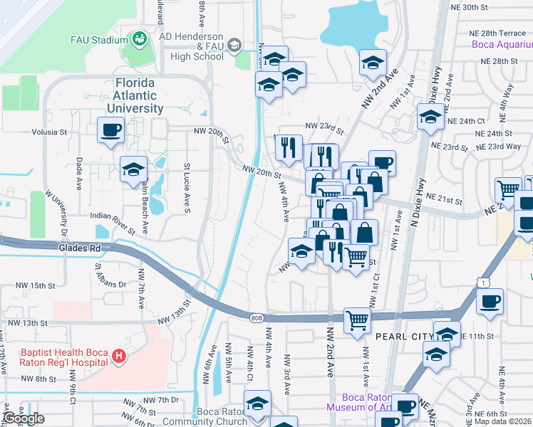map of restaurants, bars, coffee shops, grocery stores, and more near 470 Northwest 20th Street in Boca Raton