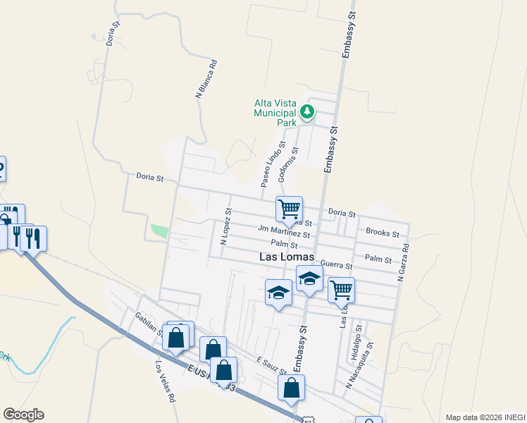 map of restaurants, bars, coffee shops, grocery stores, and more near 5190 Brooks Street in Rio Grande City