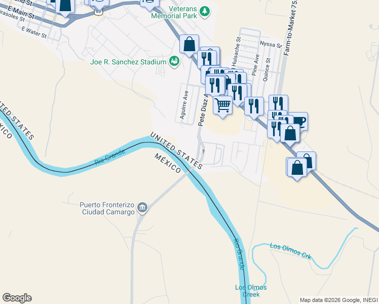 map of restaurants, bars, coffee shops, grocery stores, and more near 400 Bridge Avenue in Rio Grande City