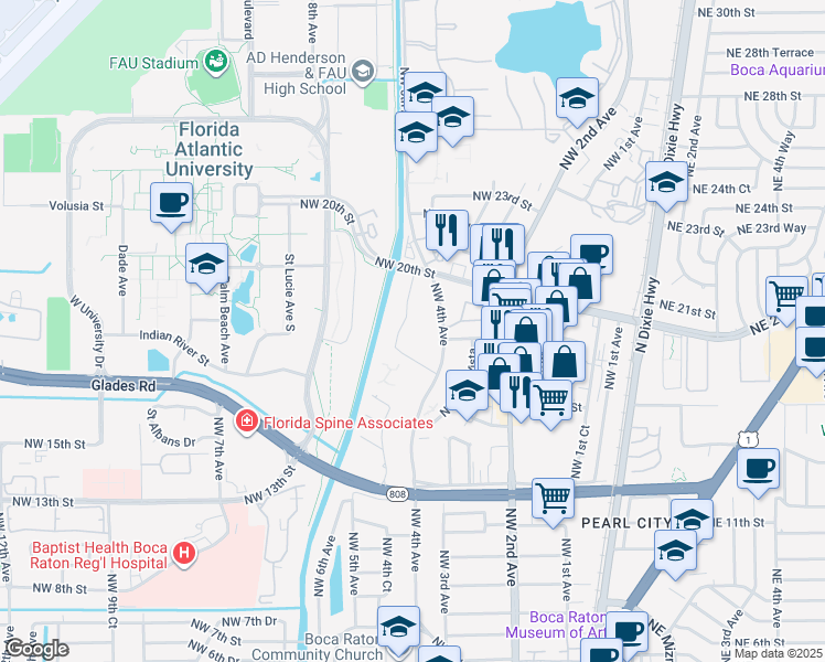 map of restaurants, bars, coffee shops, grocery stores, and more near 470 Northwest 20th Street in Boca Raton