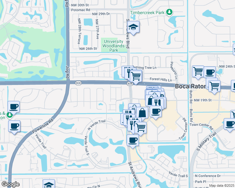 map of restaurants, bars, coffee shops, grocery stores, and more near 20844 Vía Madeira in Boca Raton