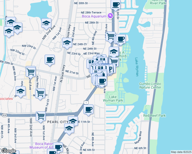 map of restaurants, bars, coffee shops, grocery stores, and more near 1920 North Federal Highway in Boca Raton