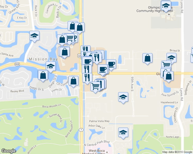 map of restaurants, bars, coffee shops, grocery stores, and more near 9894 Glades Road in Boca Raton