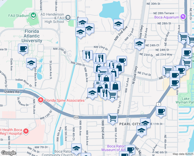 map of restaurants, bars, coffee shops, grocery stores, and more near 245 Northwest 19th Street in Boca Raton