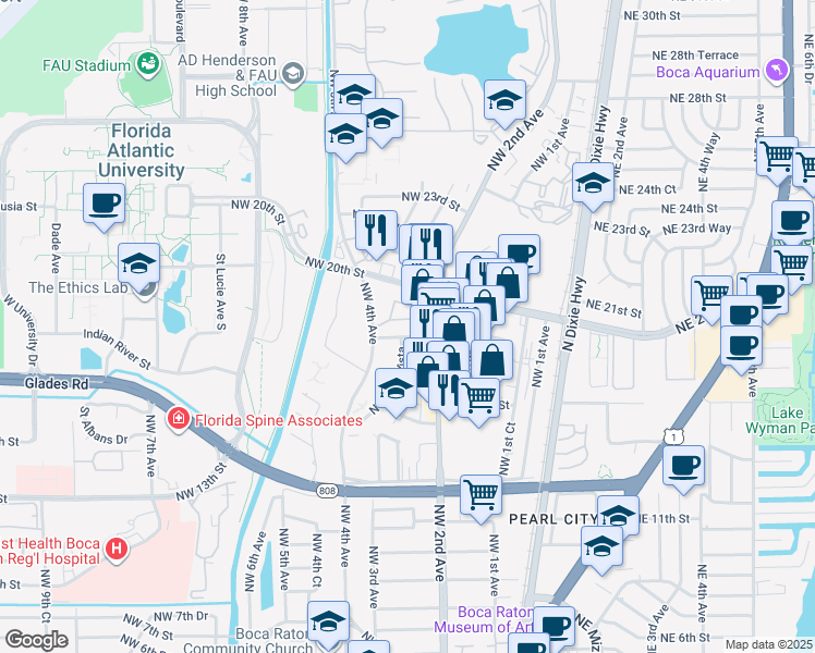 map of restaurants, bars, coffee shops, grocery stores, and more near 245 Northwest 19th Street in Boca Raton