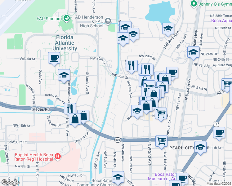 map of restaurants, bars, coffee shops, grocery stores, and more near EL Rio Trail in Boca Raton