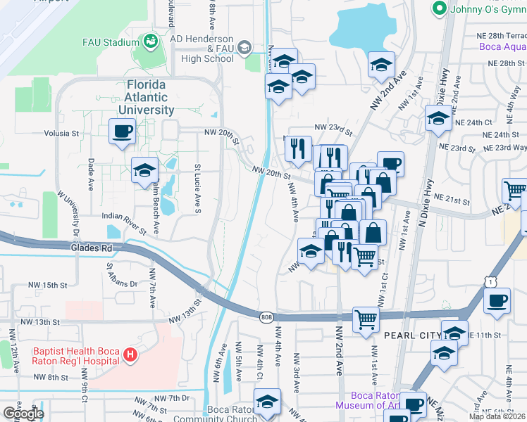 map of restaurants, bars, coffee shops, grocery stores, and more near 470 Northwest 20th Street in Boca Raton