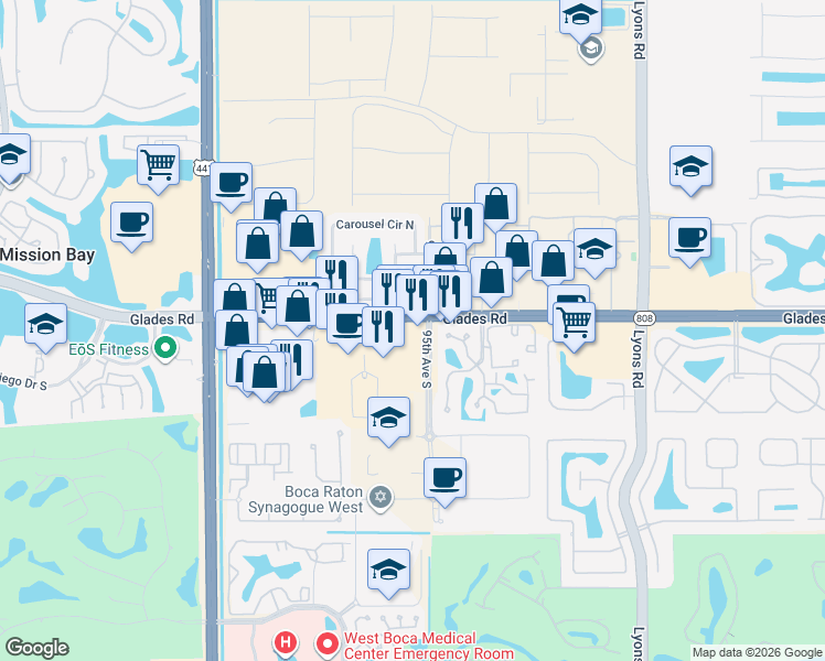 map of restaurants, bars, coffee shops, grocery stores, and more near 9536 Glades Road in Boca Raton