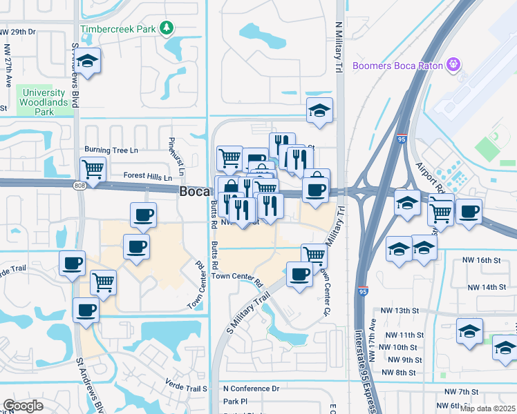 map of restaurants, bars, coffee shops, grocery stores, and more near 2200 Glades Road in Boca Raton