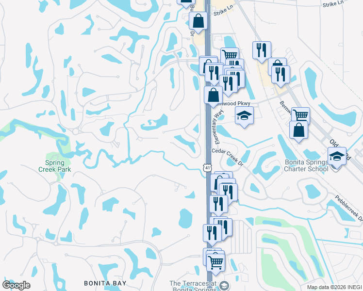 map of restaurants, bars, coffee shops, grocery stores, and more near 3418 Pointe Creek Court in Bonita Springs