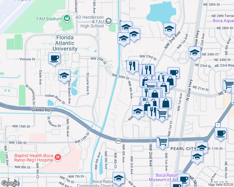 map of restaurants, bars, coffee shops, grocery stores, and more near 470 Northwest 20th Street in Boca Raton