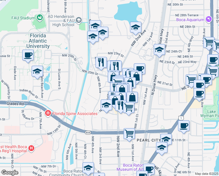 map of restaurants, bars, coffee shops, grocery stores, and more near 245 Northwest 19th Street in Boca Raton