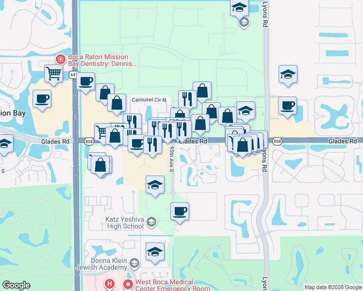 map of restaurants, bars, coffee shops, grocery stores, and more near 20780 Boca Ridge Drive North in Boca Raton