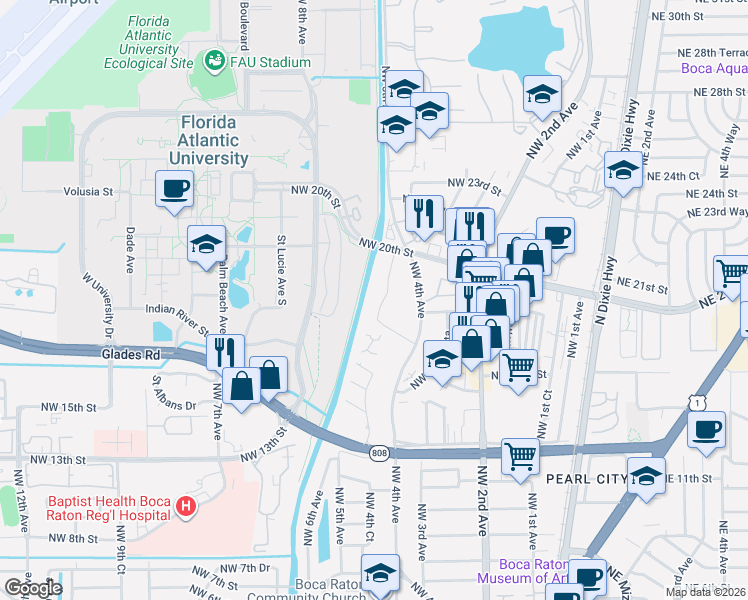 map of restaurants, bars, coffee shops, grocery stores, and more near EL Rio Trail in Boca Raton