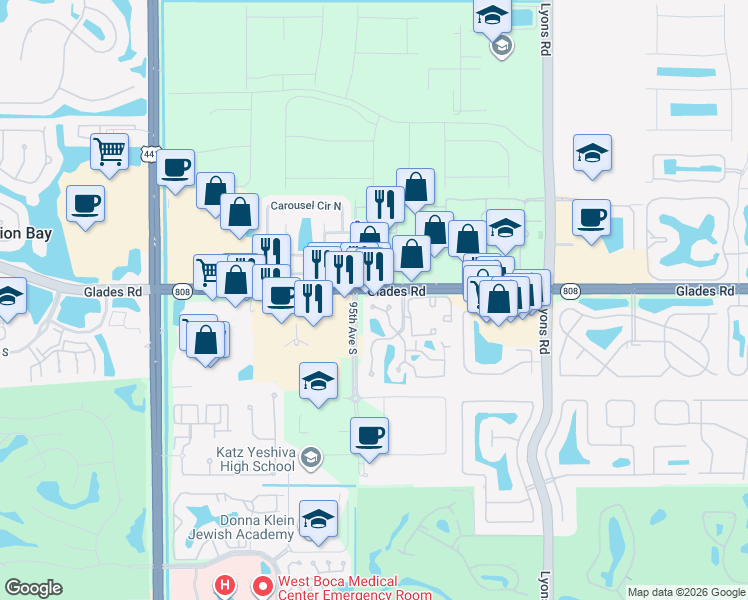 map of restaurants, bars, coffee shops, grocery stores, and more near 20787 Boca Ridge Drive North in Boca Raton