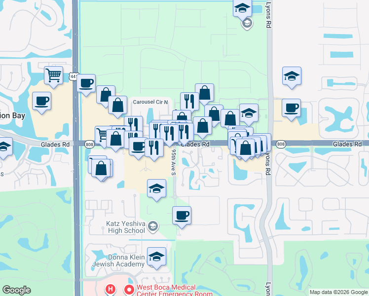 map of restaurants, bars, coffee shops, grocery stores, and more near 20787 Boca Ridge Drive North in Boca Raton