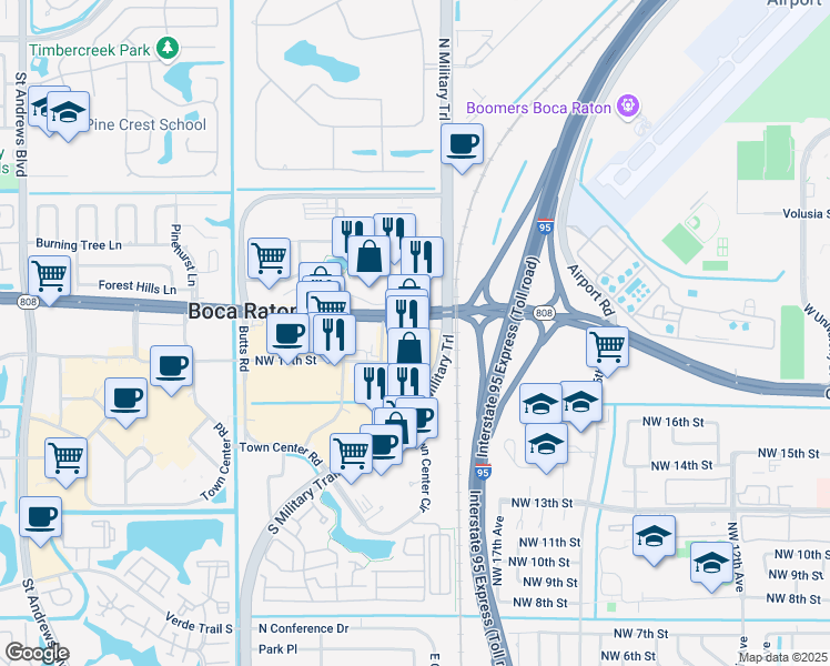 map of restaurants, bars, coffee shops, grocery stores, and more near 1950 Glades Road in Boca Raton