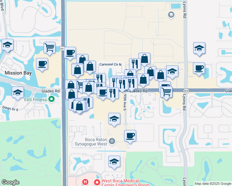 map of restaurants, bars, coffee shops, grocery stores, and more near 9600 Glades Road in Boca Raton