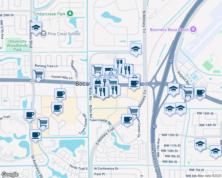 map of restaurants, bars, coffee shops, grocery stores, and more near 2200 Glades Road in Boca Raton