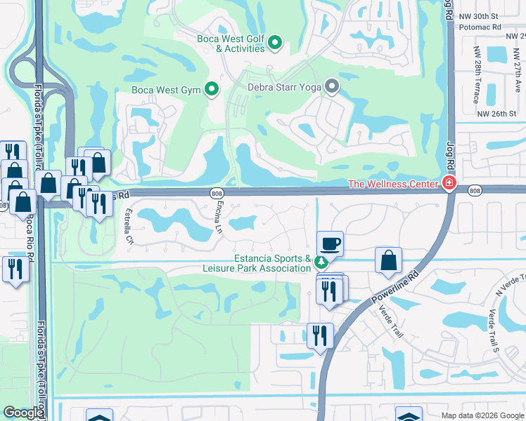 map of restaurants, bars, coffee shops, grocery stores, and more near 20800 Pinar Trail in Boca Raton