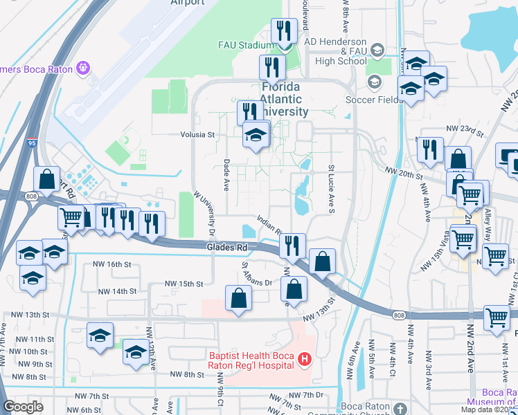 map of restaurants, bars, coffee shops, grocery stores, and more near 815 Indian River Street in Boca Raton