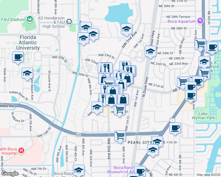 map of restaurants, bars, coffee shops, grocery stores, and more near 1950 Northwest 2nd Avenue in Boca Raton