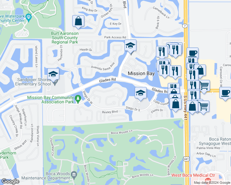 map of restaurants, bars, coffee shops, grocery stores, and more near 10552 Mendocino Lane in Boca Raton