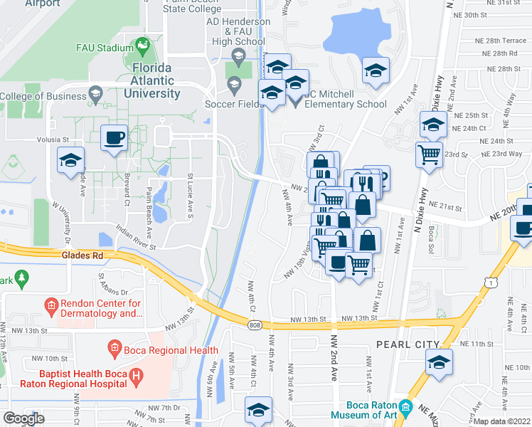map of restaurants, bars, coffee shops, grocery stores, and more near 470 Northwest 20th Street in Boca Raton