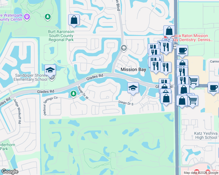 map of restaurants, bars, coffee shops, grocery stores, and more near 10552 Mendocino Lane in Boca Raton