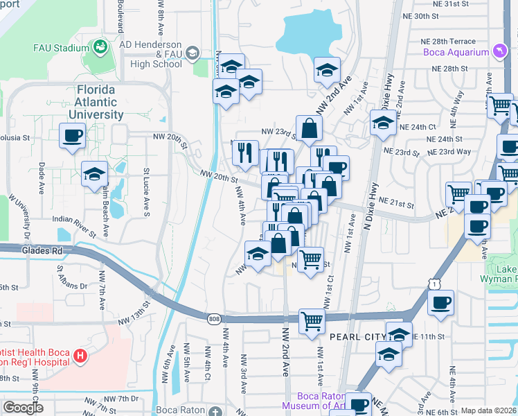 map of restaurants, bars, coffee shops, grocery stores, and more near 1908 Northwest 4th Avenue in Boca Raton