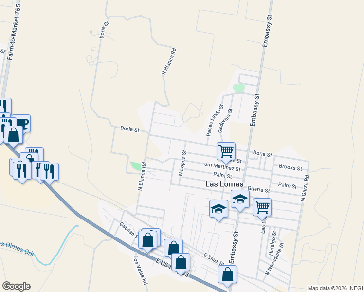 map of restaurants, bars, coffee shops, grocery stores, and more near 176 Doria Street in Rio Grande City