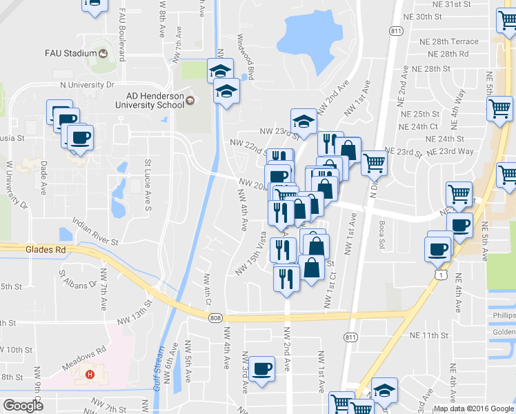 map of restaurants, bars, coffee shops, grocery stores, and more near 1908 Northwest 4th Avenue in Boca Raton
