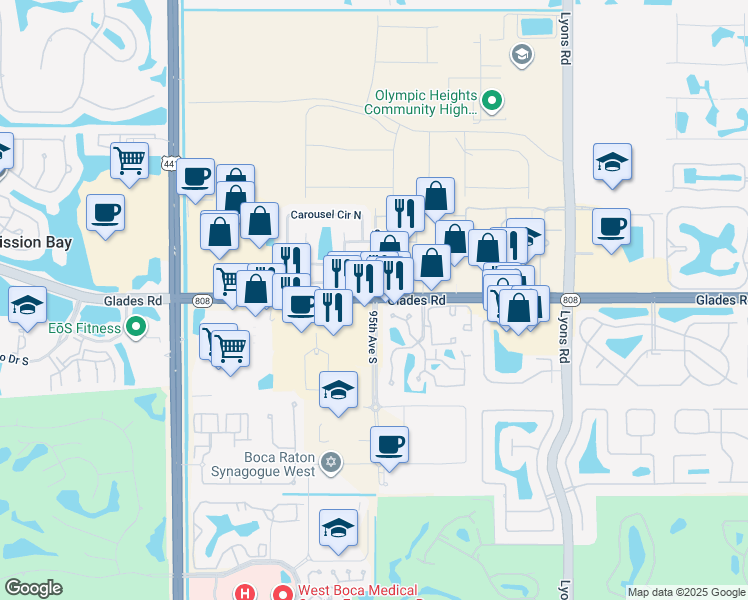 map of restaurants, bars, coffee shops, grocery stores, and more near 9500 Glades Road in Boca Raton