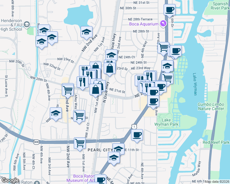 map of restaurants, bars, coffee shops, grocery stores, and more near 190 Northeast 21st Street in Boca Raton